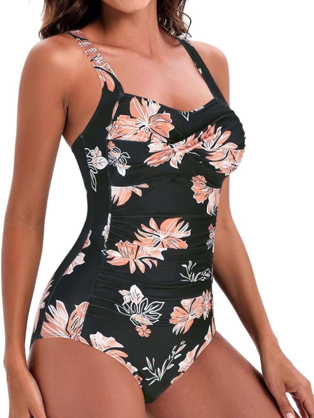 Floral Black and Peach Twist-Front One-Piece Swimsuit Medium NWOT